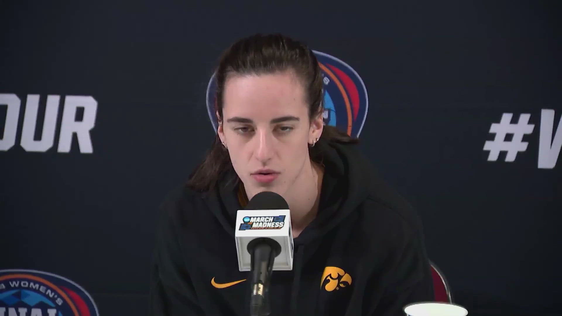 Indiana's Caitlin Clark takes questions ahead of the game against the Seattle Storm.