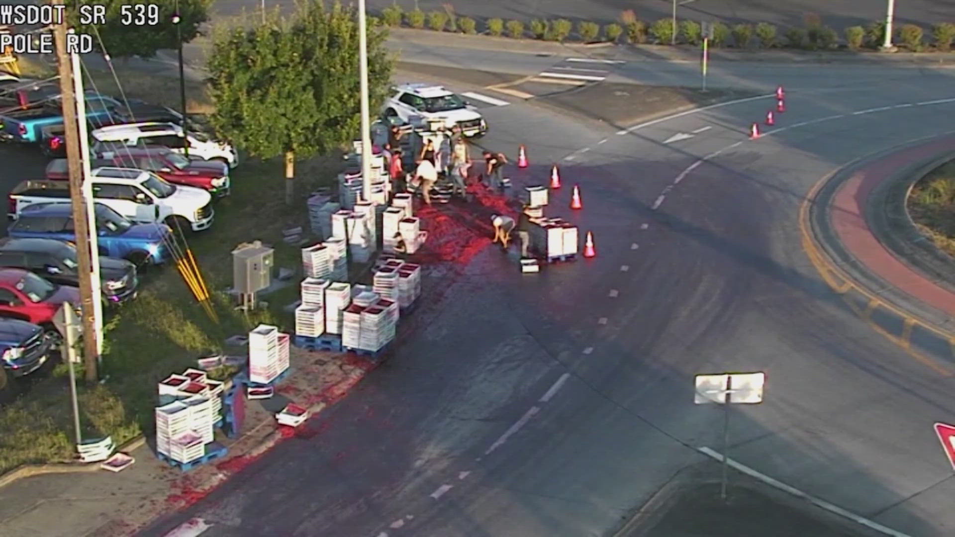 The roundabout along Guide Meridian Road at Pole Road is still red with the stain of raspberries.