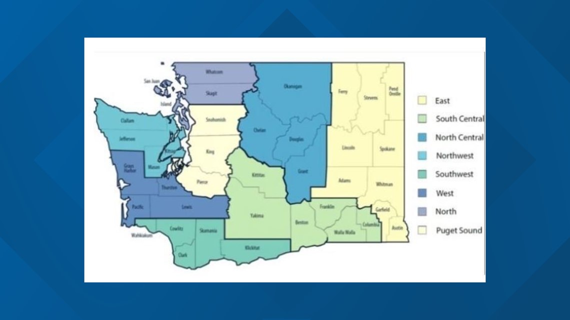 A color coded map of Washington state shows counties color coded by region in shades of blue, green, and yellow. 