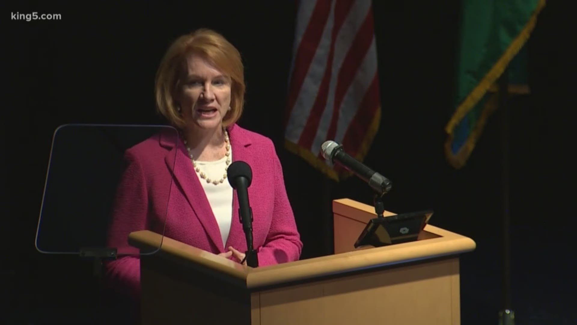 Seattle Mayor Jenny Durkan honors the city's Navigation Team for their efforts during the recent snowstorm during her 2019 State of the City address at North Seattle College on February 19, 2019.