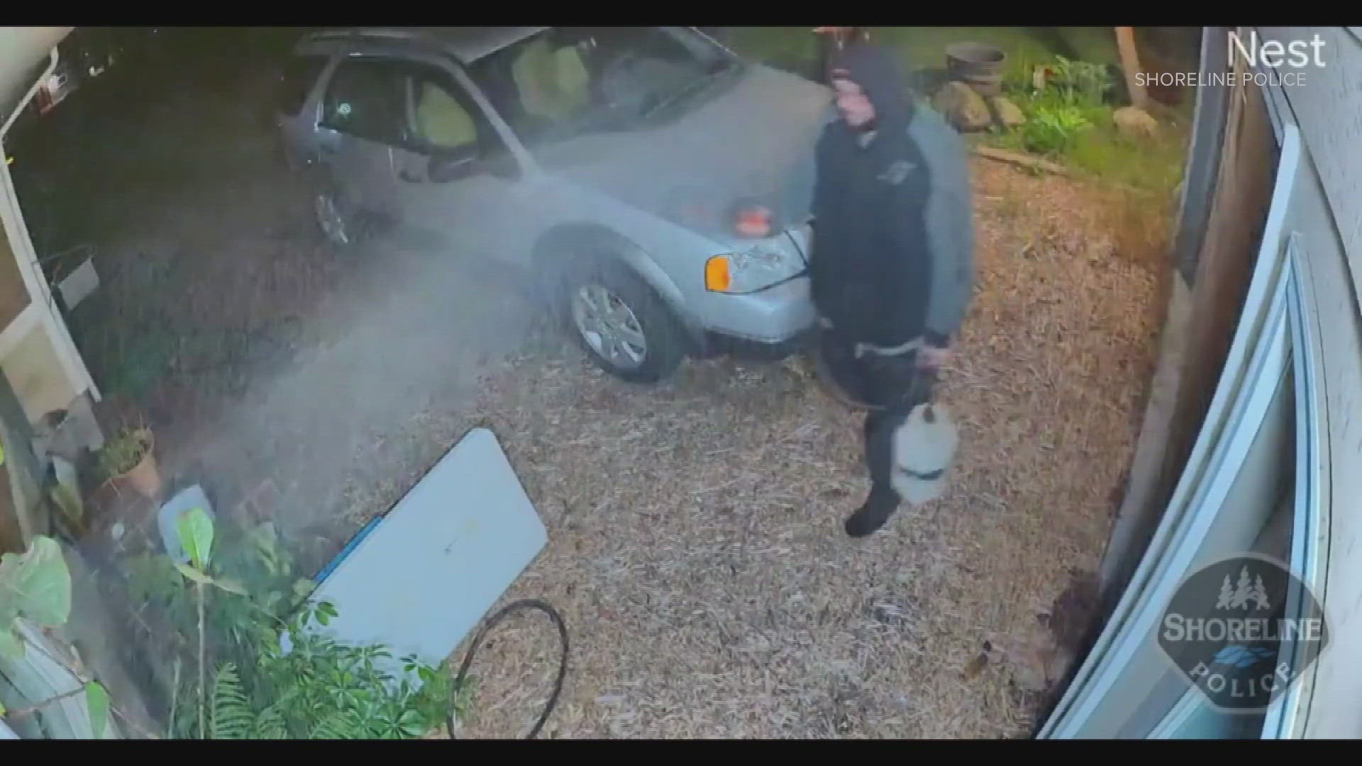 Nest camera footage from a home in Shoreline shows a man dousing a home and car in accelerant before setting it on fire