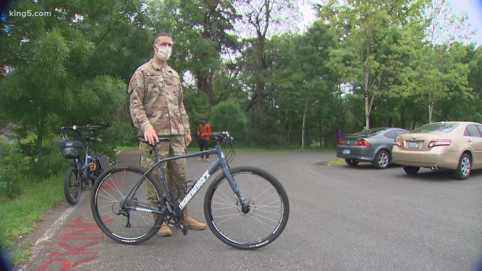 The Cascade Bicycle Club donated bicycles to National Guardsmen who were, until now, delivering food donations on foot.
