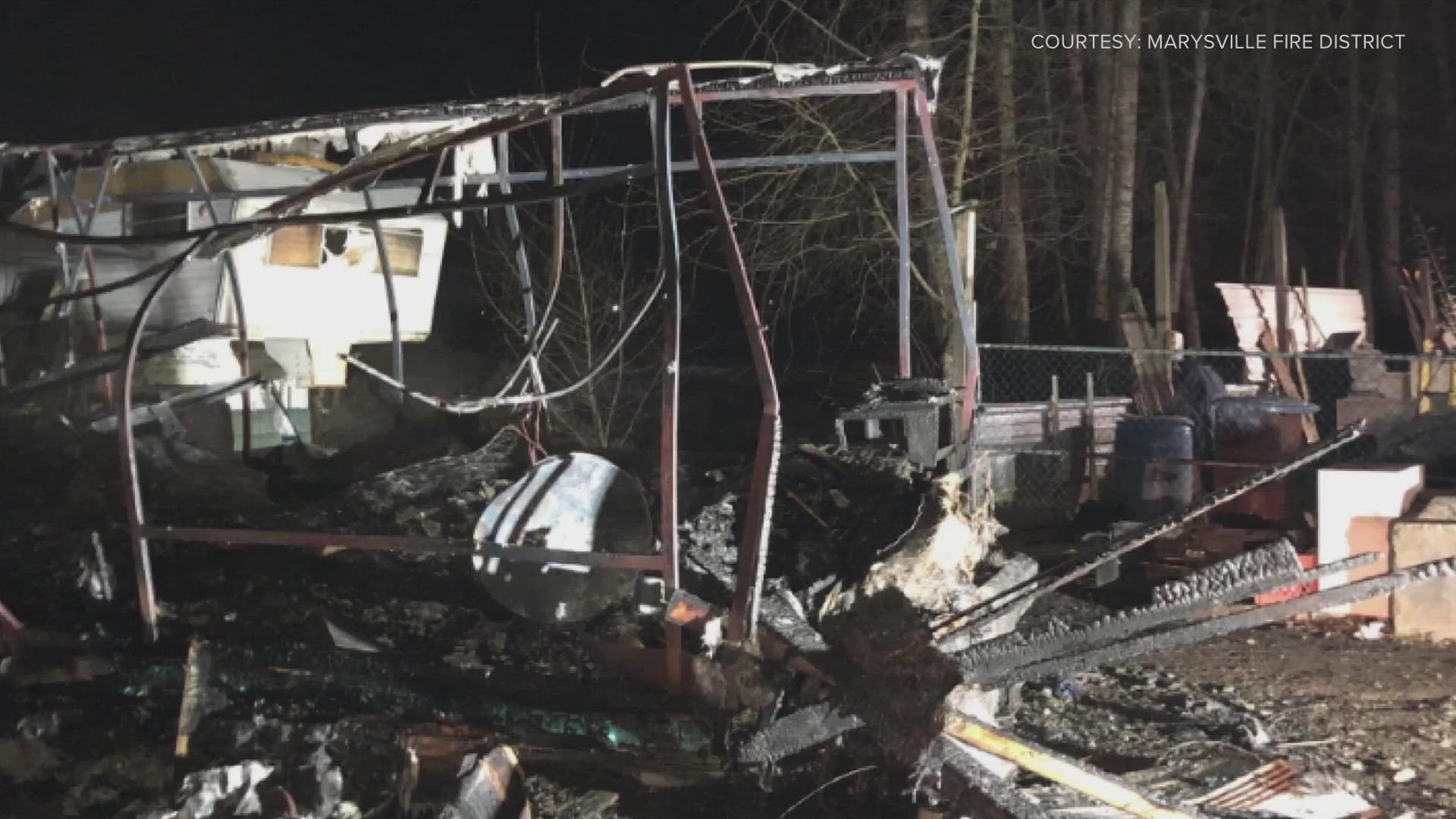 One woman was killed and a man hospitalized following a fire in an RV off of 41st Ave. NE in Marysville Sunday night