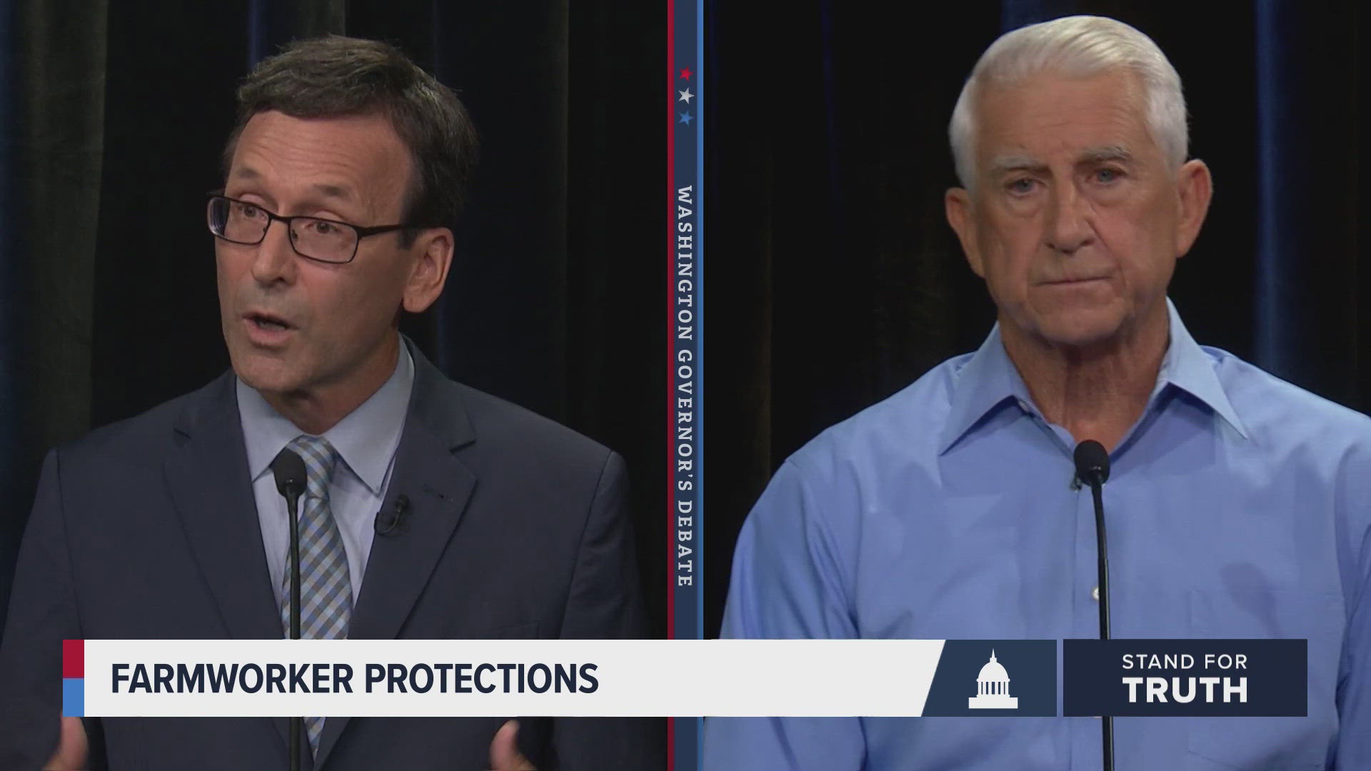 Washington state gubernatorial candidates Bob Ferguson, a Democrat, and Dave Reichert, a Republican, debate top issues such as public safety, homelessness and more.