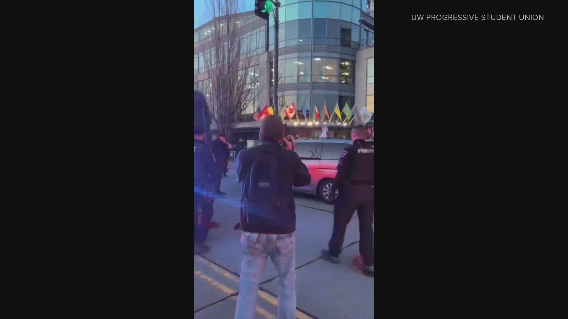 The officer popped the tire of a mini van at a rally calling for a ceasefire to the Israel-Hamas war in early February.