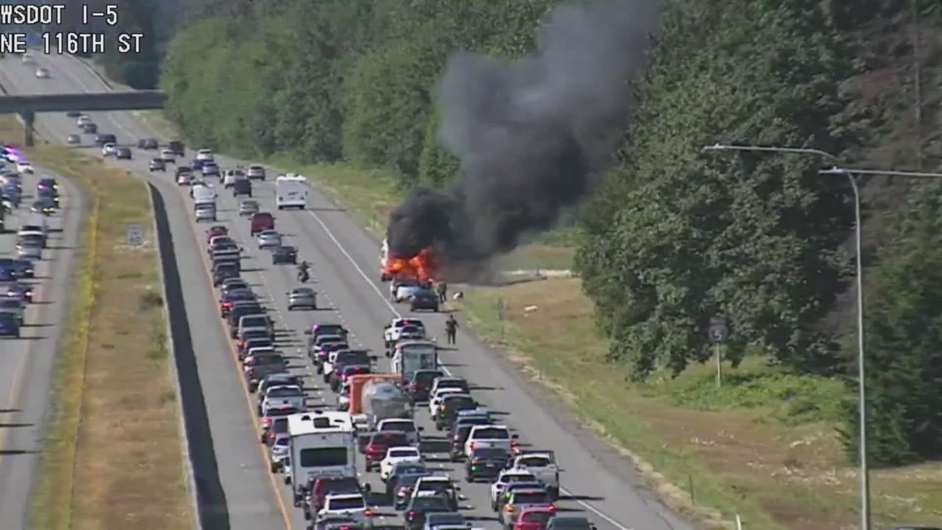 The fire blocked the two right lanes of northbound I-5 the afternoon of July 1.