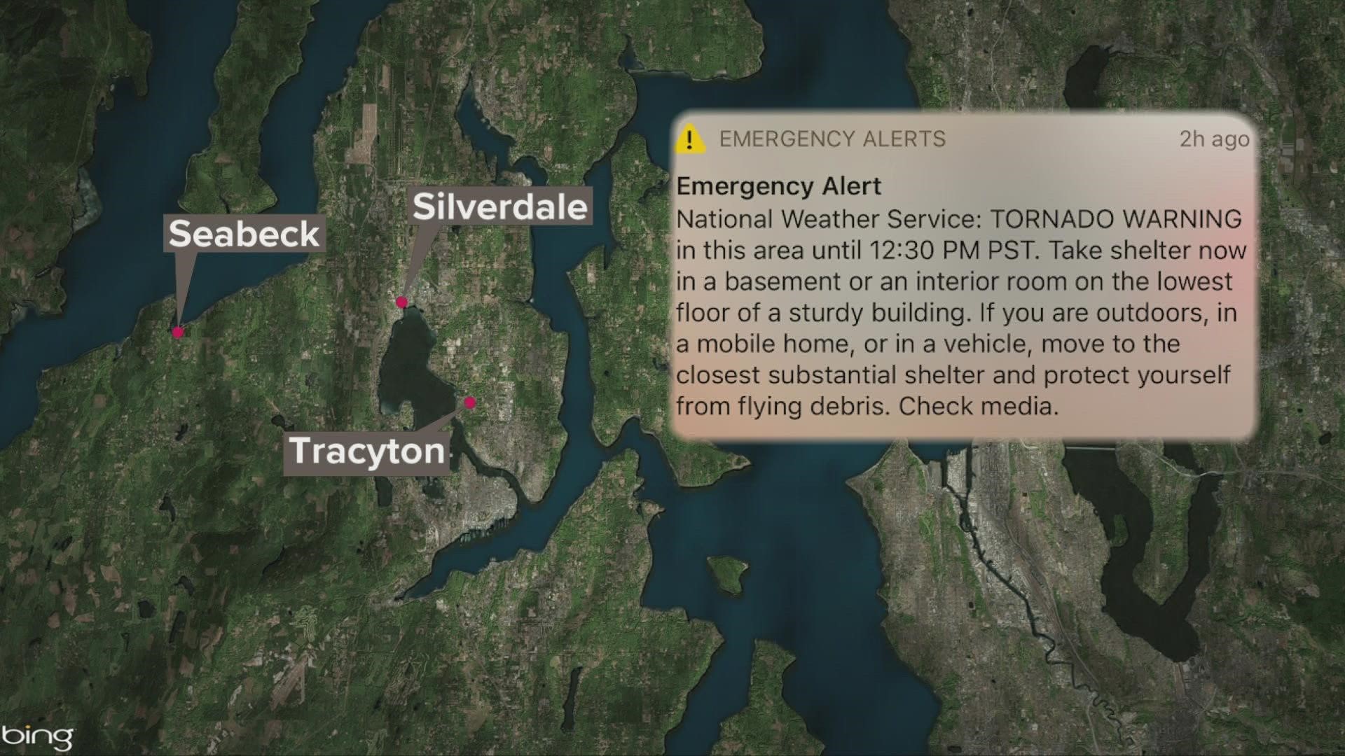A Tornado Warning for areas of Kitsap County were sent to people on the other side of Puget Sound.