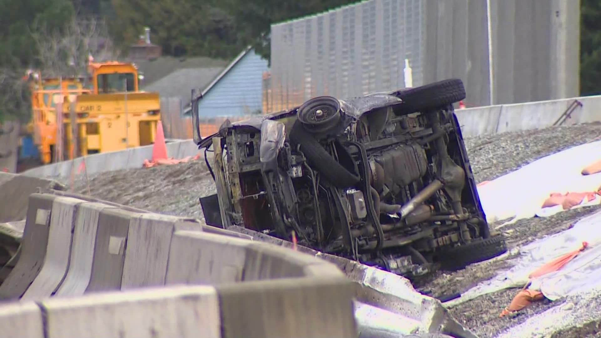 Two men were taken to Harborview Hospital in critical condition after they were pulled from their burning van on I-5 N in Seattle