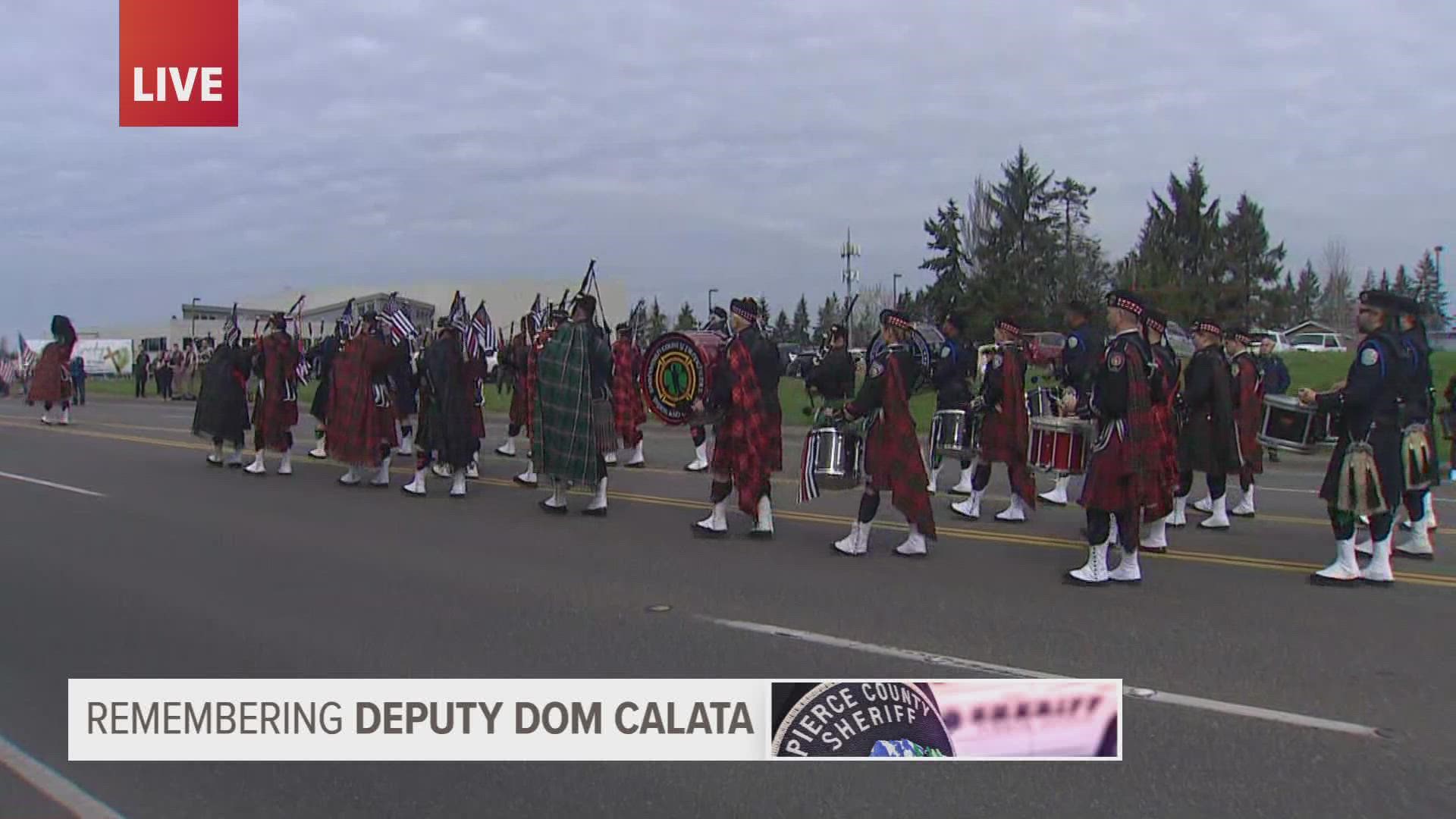 The body of Deputy Dominique Calata was led in procession from the Washington State Fairgrounds to Tacoma’s Church for All Nations ahead of a celebration of life ser