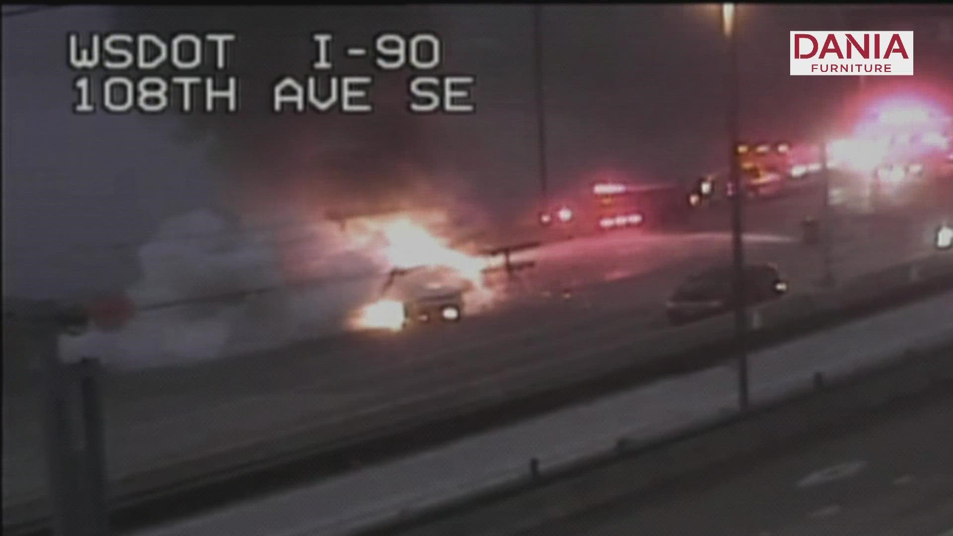 A vehicle on fire has the eastbound lanes of I-90 on Mercer Island closed