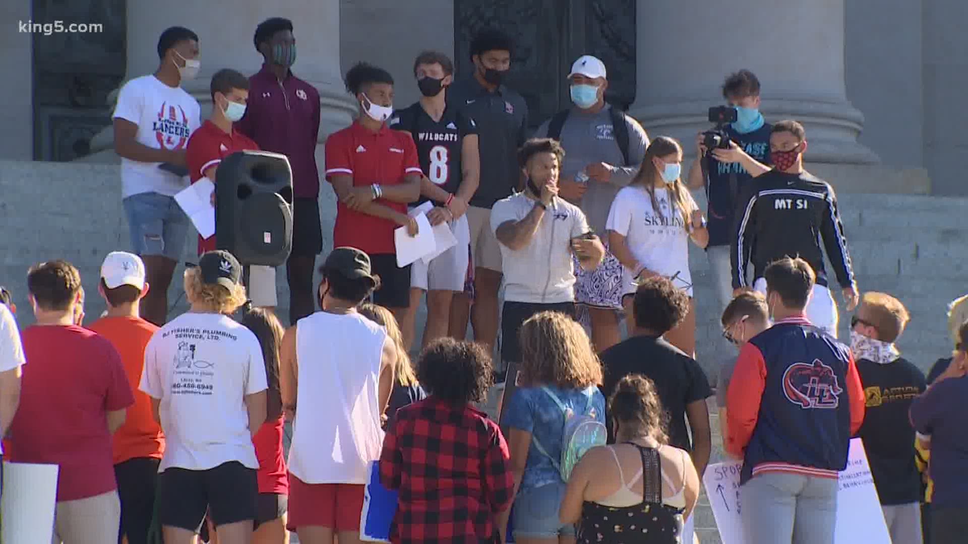 Student-athletes rallied on the Washington Capitol steps Thursday to play sports this fall after most activities were delayed by the COVID-19 pandemic.