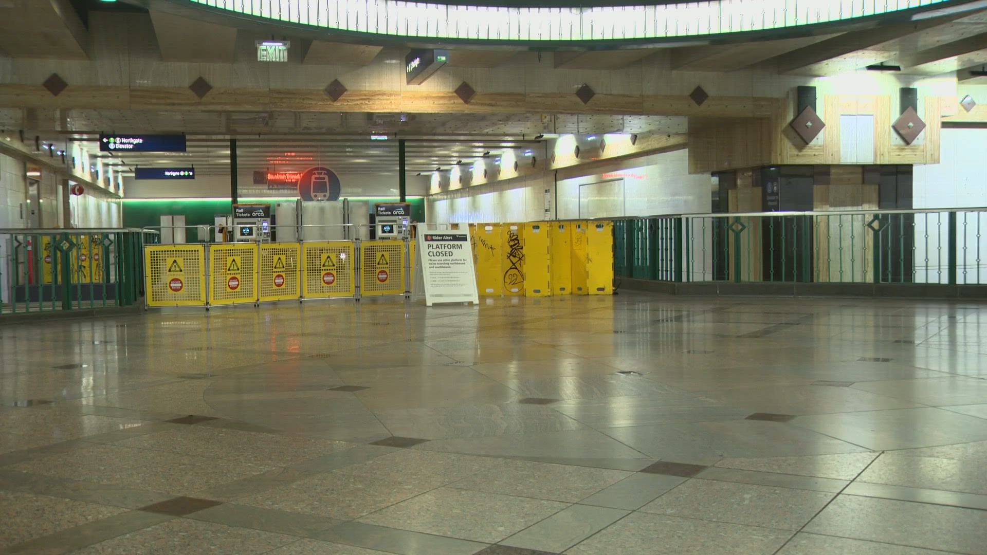 Only one train is running at a time through the downtown Seattle tunnel until further notice due to damage sustained to the Westlake Station during construction.