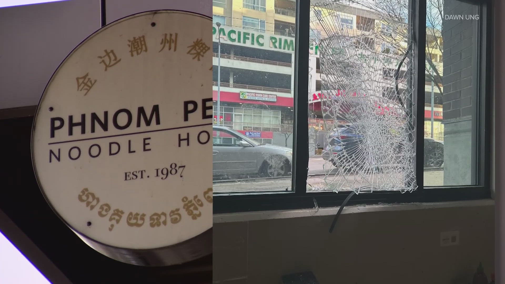 Surveillance video shows smashed windows, gunfire and thieves breaking into Phnom Penh Noodle House in recent days.