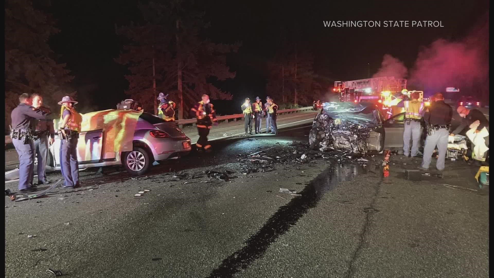 Two people were killed overnight after a vehicle crossed the center line on I-5 in Everett and crashed into another vehicle head-on.