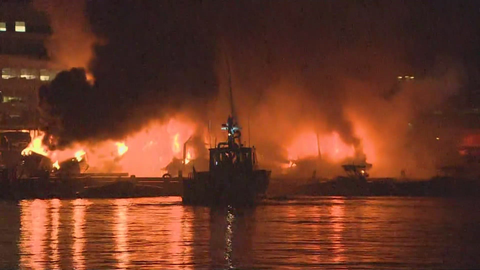About 30 boats were destroyed in a fire near the Ship Canal Bridge early Wednesday morning.