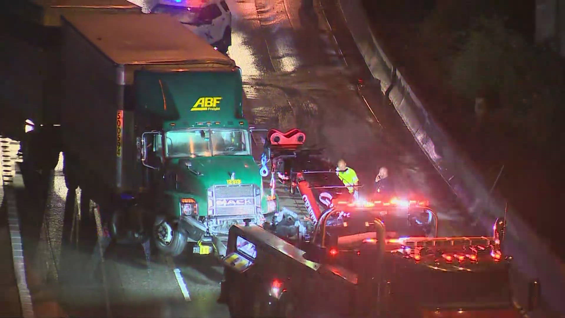 The truck spilled diesel fuel on the roadway, prompting a time-consuming cleanup effort