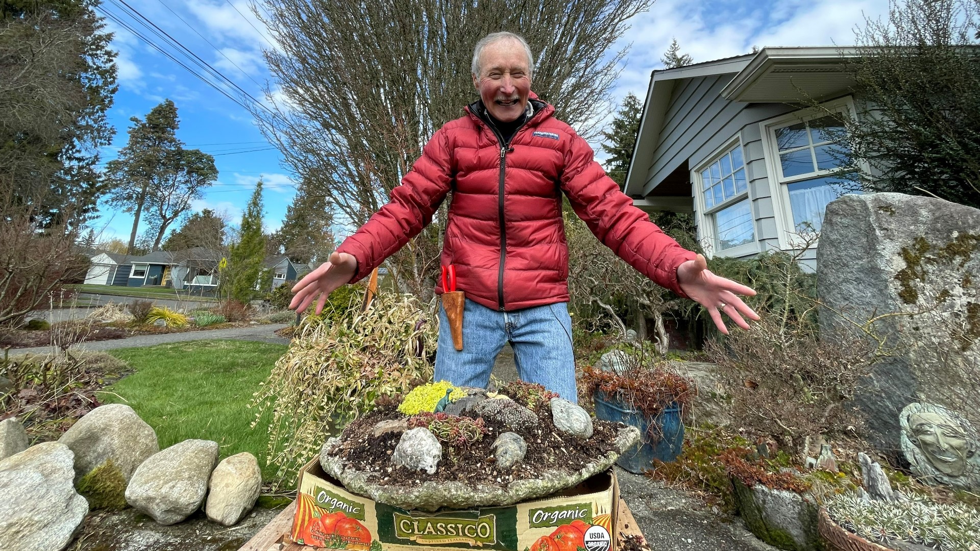 Broken birdbath becomes new succulent container — dinosaurs optional. #k5evening