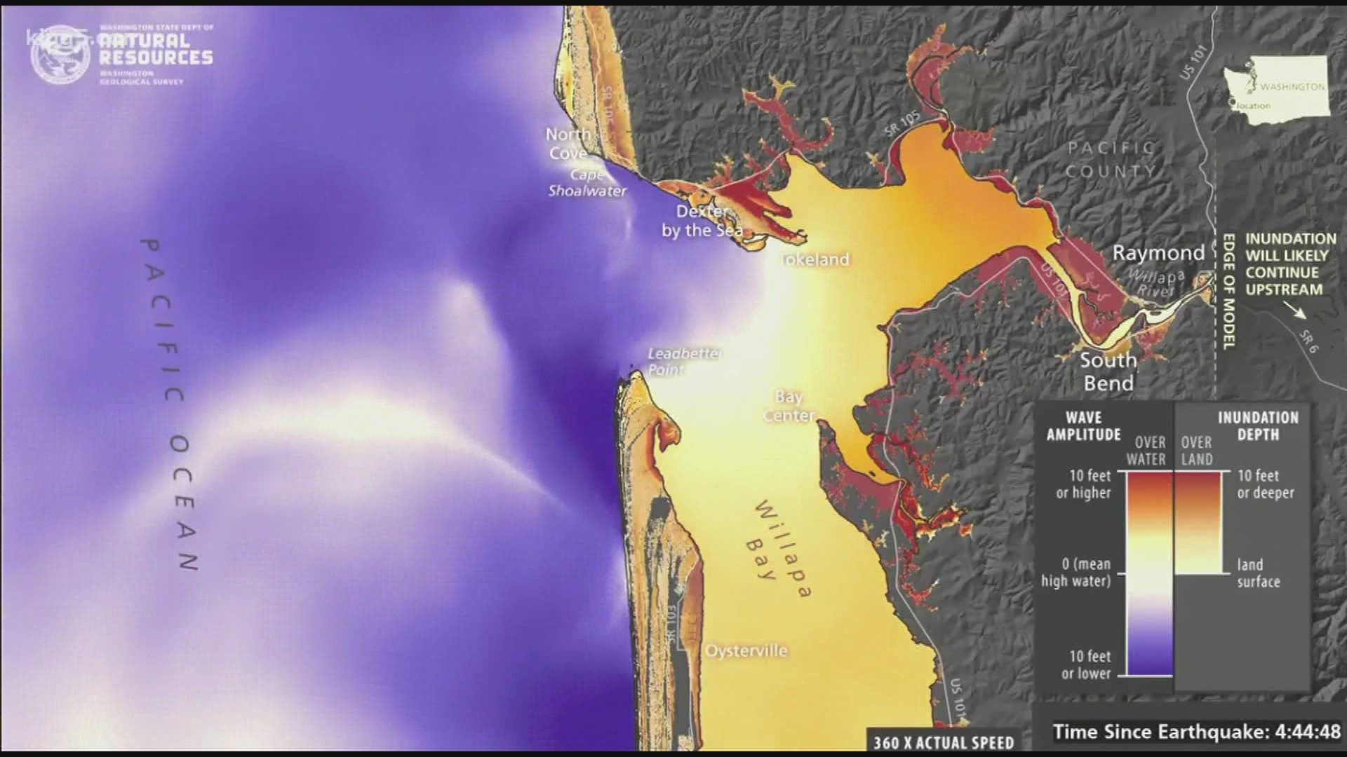 The Washington State Department of Natural Resources released tsunami simulations that show the impact of a magnitude 9 earthquake on Grays Harbor and Willapa Bay.
