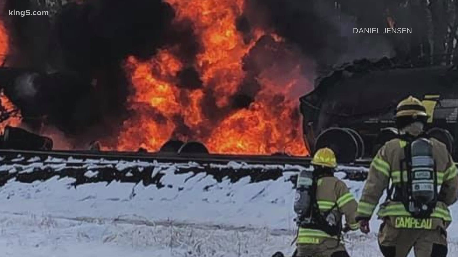 Six tanker train cars derailed in the Custer area of Whatcom County and caught fire Tuesday. There are no reports of injuries.