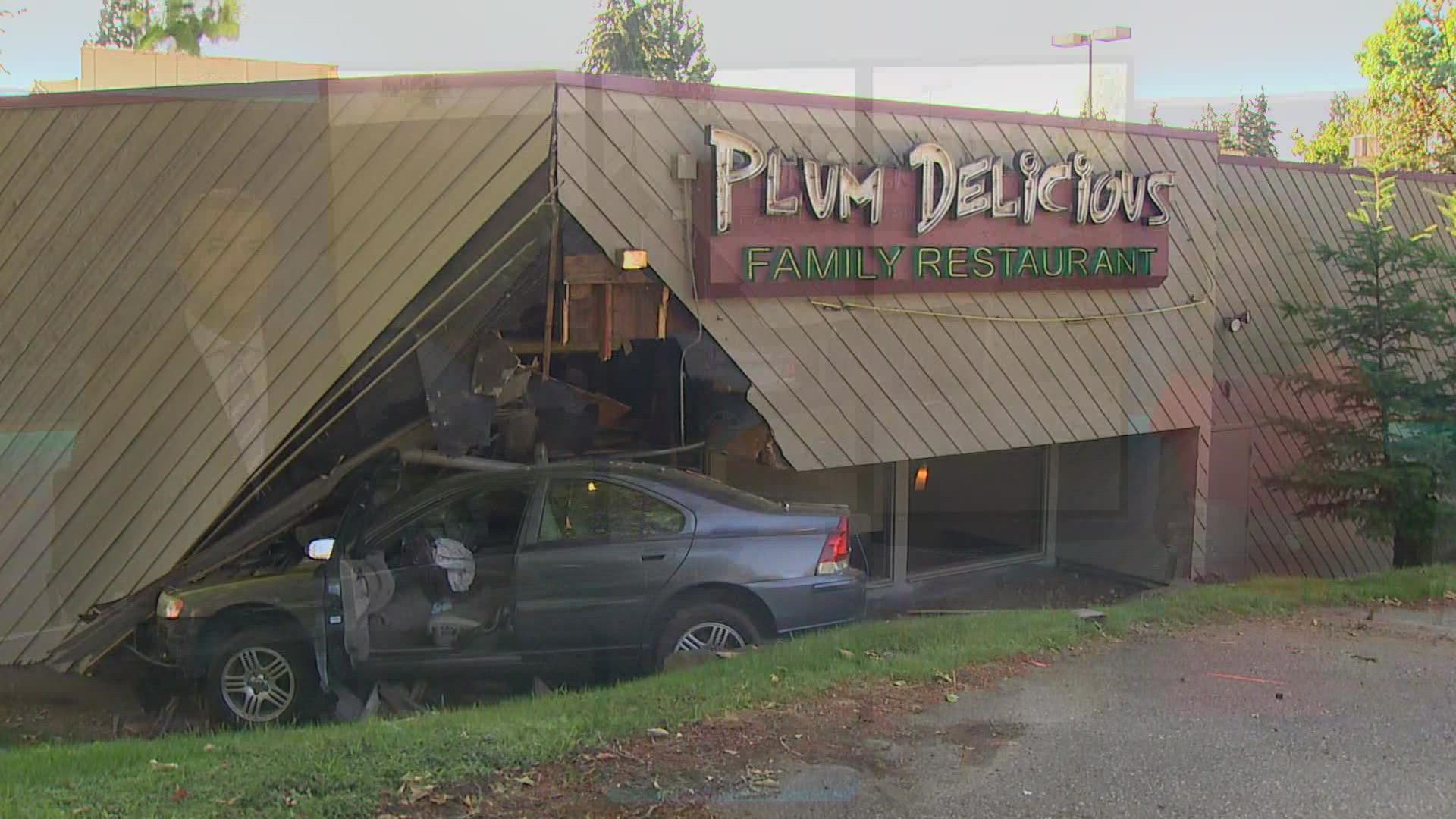 The crash was reported at a Plum Delicious restaurant in Renton, according to the Renton Police Department.