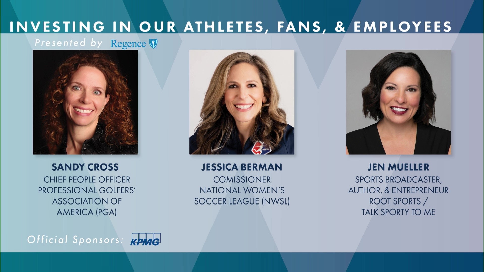 Jen Mueller moderates a conversation with Jessica Berman of the National Women’s Soccer League and Sandy Cross of the Professional Golfers’ Association of America.