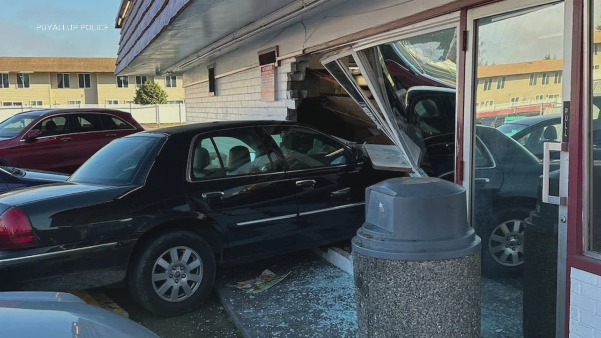 According to the Puyallup Police Department, the crash caused a fryer to fall and splash hot grease onto the employee. Two other employees suffered minor injuries.