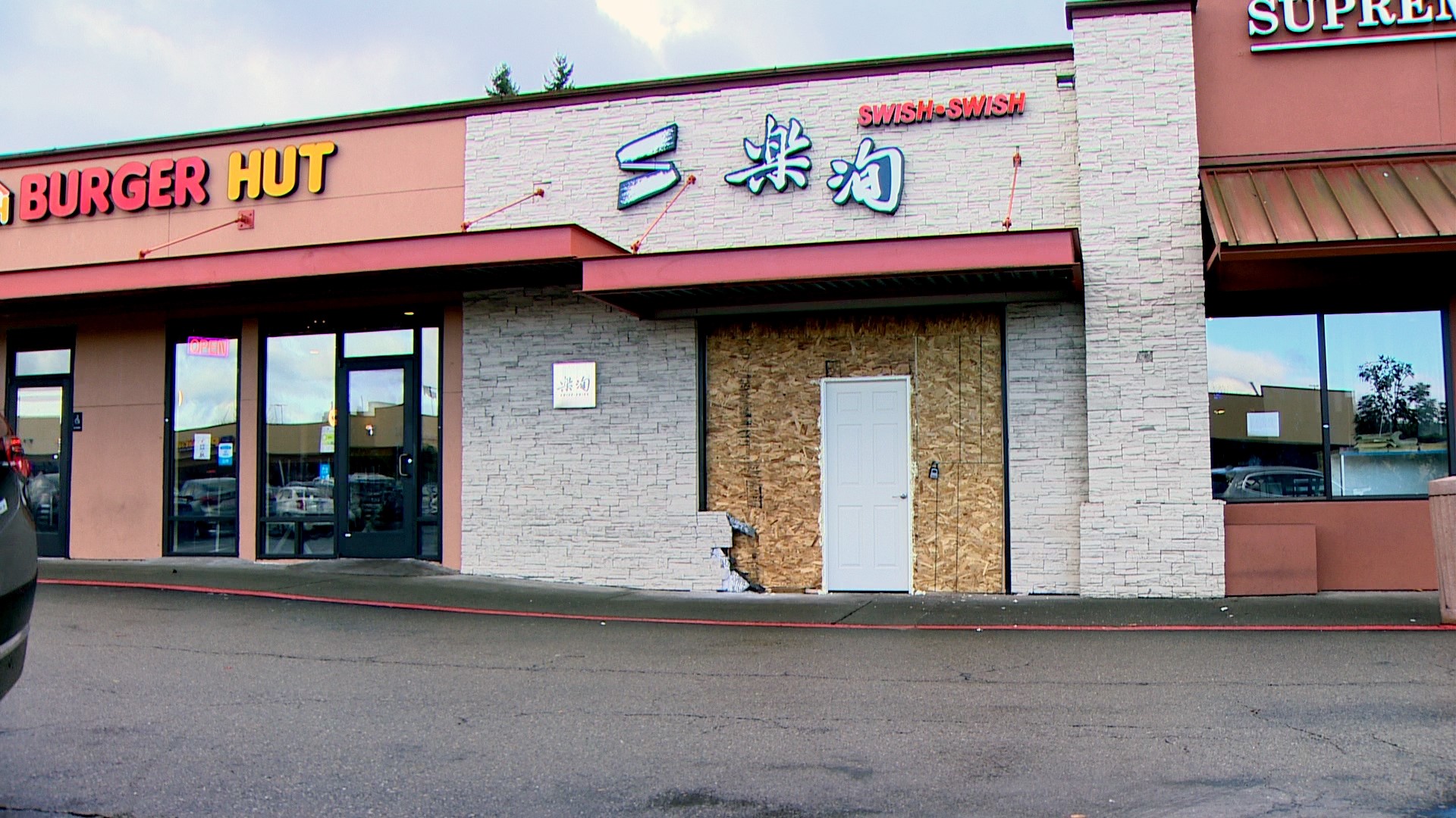 The Swish Swish Hot Pot restaurant in Bellevue is closed for repairs after a car crashed through its entrance on Thursday, narrowly missing diners.