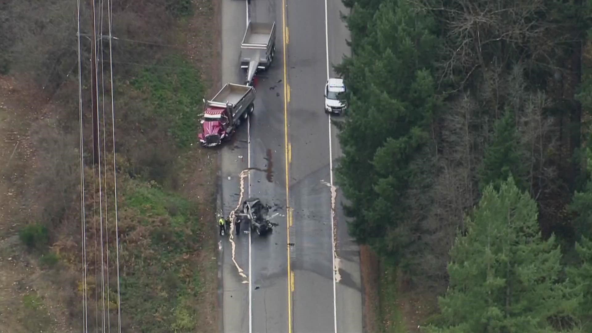The highway is closed between Old Owen Road and U.S. 2 in Monroe and Fern Bluff Road and U.S. 2 in Sultan, according to the Snohomish County Sheriff's Office.