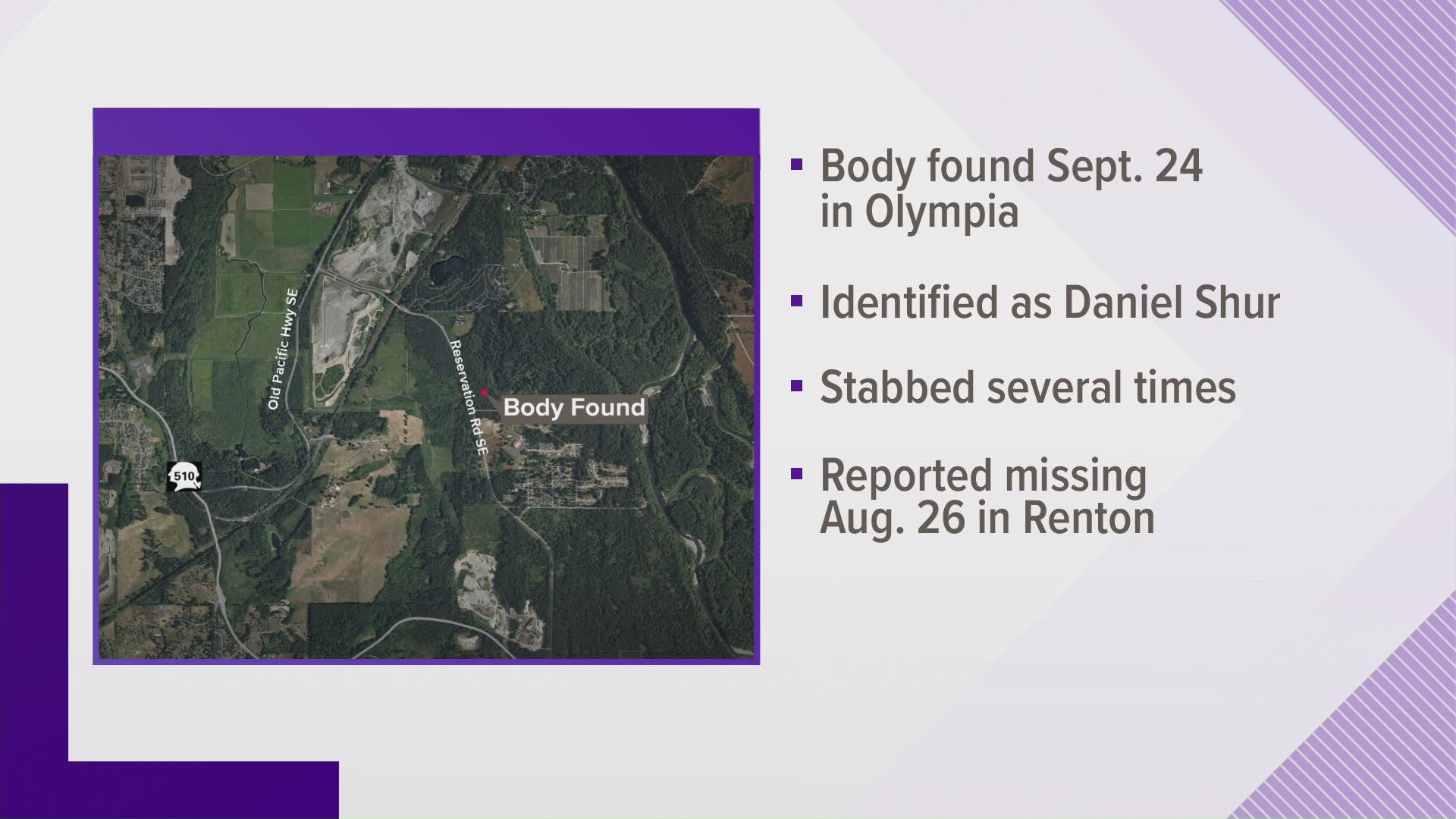 Daniel Shur, 20, was reported missing from Renton on Aug. 26. An unidentified body was found in Olympia on Sept. 24 and has now been identified as Shur.