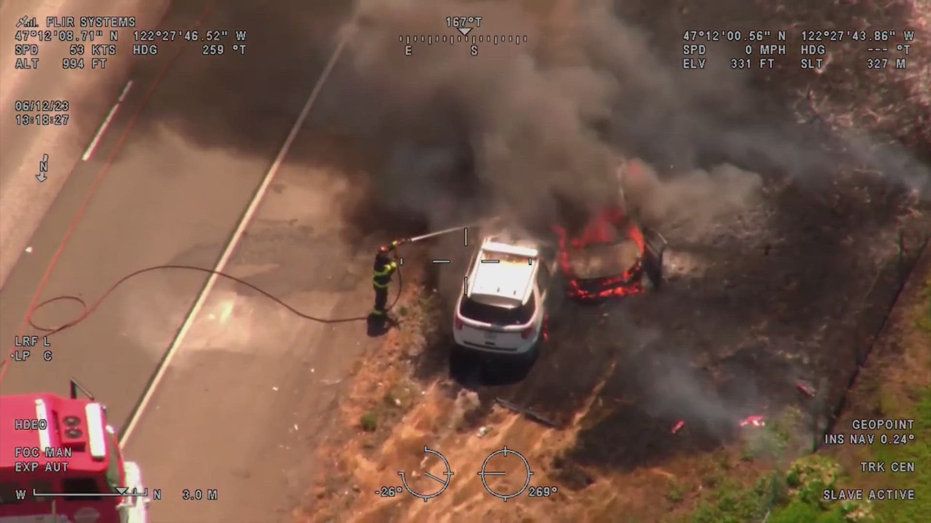 The fire spread to two patrol cars that were engaged in the pursuit. The deputies were uninjured. Both suspects were taken to the hospital for evaluation.