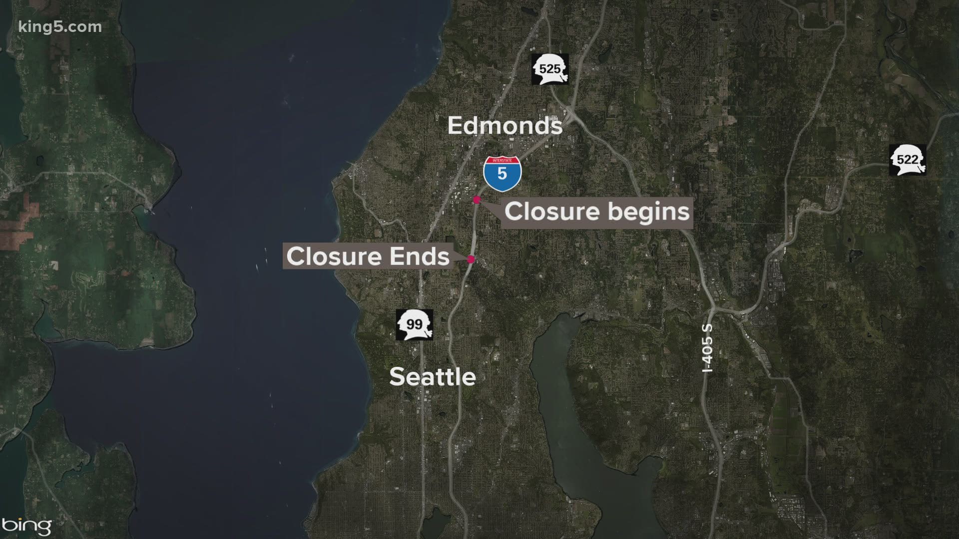 Southbound I-5 just to the north of the Mountlake Terrace Transit Center will be closed nightly through the weekend for the Lynnwood Link extension project.