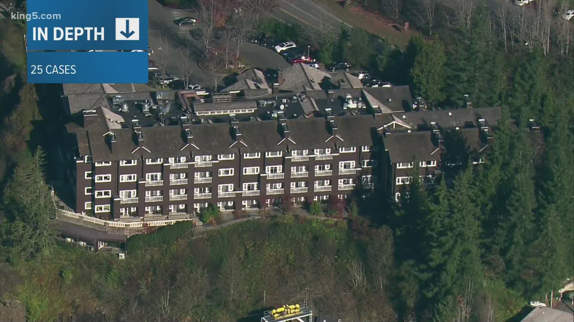 At least 25 cases are connected to a COVID-19 outbreak at the Salish Lodge & Spa in Snoqualmie, including 23 staff members and two guests.