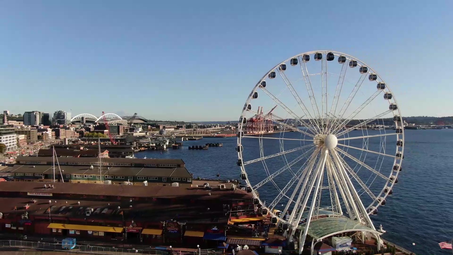 Aerial drone footage of Seattle's Great Wheel, taken Sept. 2, 2020.