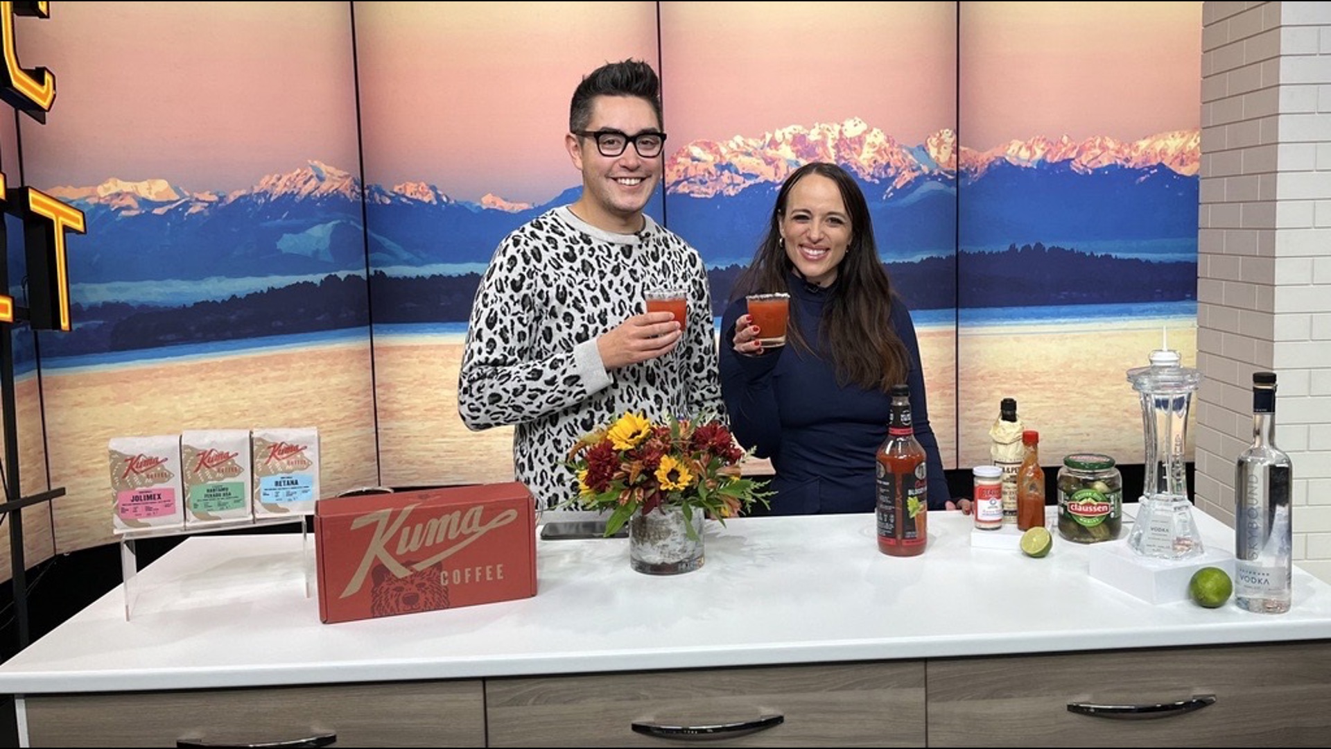 Kelly and Executive Producer Joseph Suttner taste test Kuma coffee and bloody marys. #newdaynw