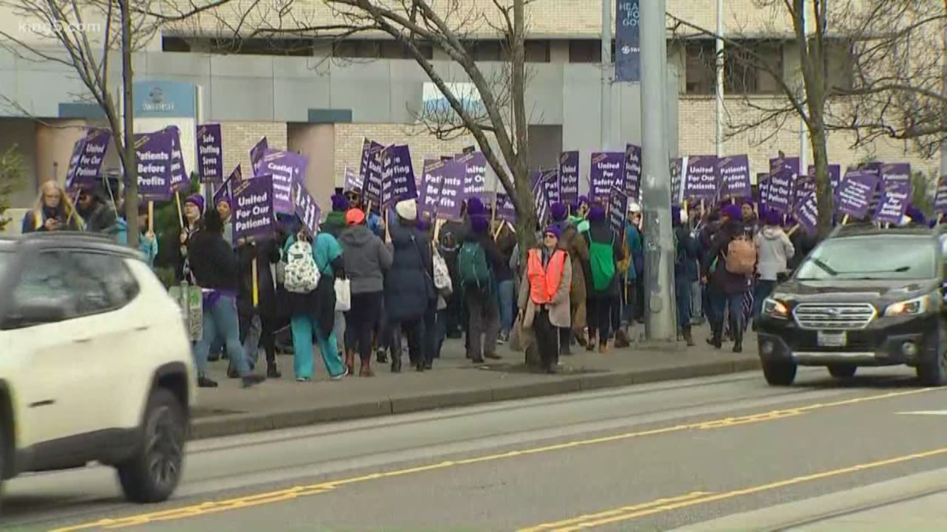Thousands of Puget Sound caregivers went on strike Tuesday morning after negotiations failed with Swedish-Providence Medical Center. KING 5's Christin Ayers reports.