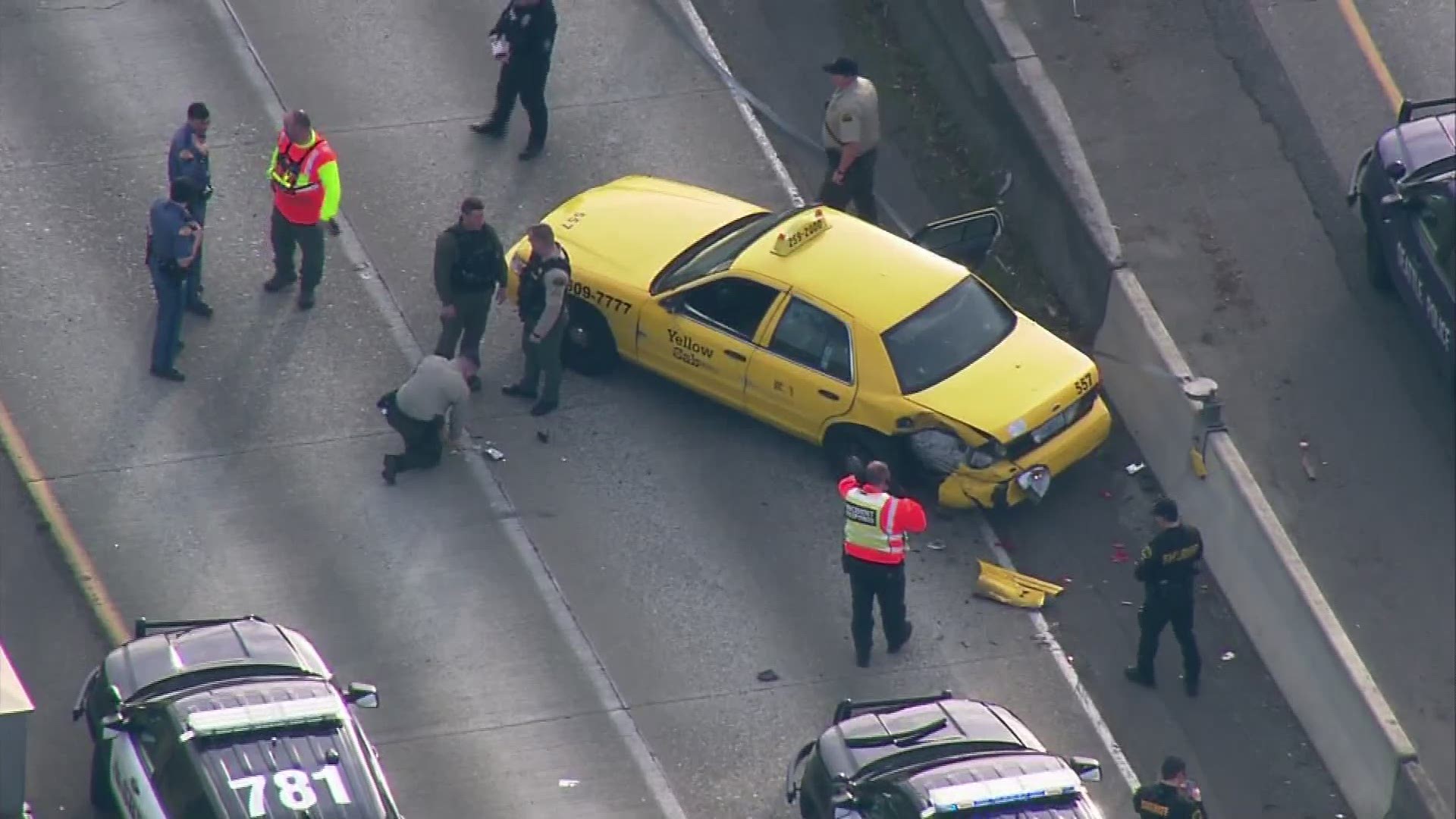 An armed robbery involving a yellow cab led to a police pursuit on I-5 Wednesday afternoon. The pursuit ended in a crash on southbound I-5 near Northgate.