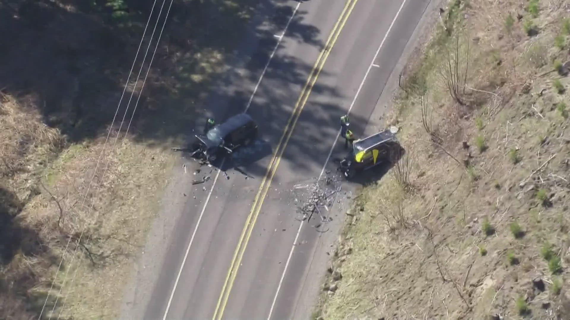 The collision is blocking all lanes of state Route 410, according to the Washington State Department of Transportation.