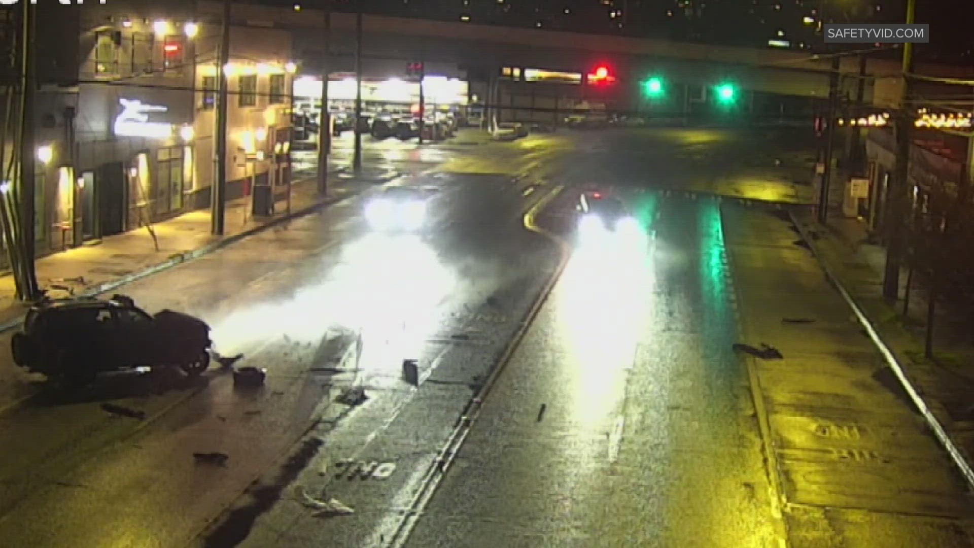 A 52-year-old woman was killed when her car crashed into a power pole on Elliot Ave. in Seattle's Interbay neighborhood