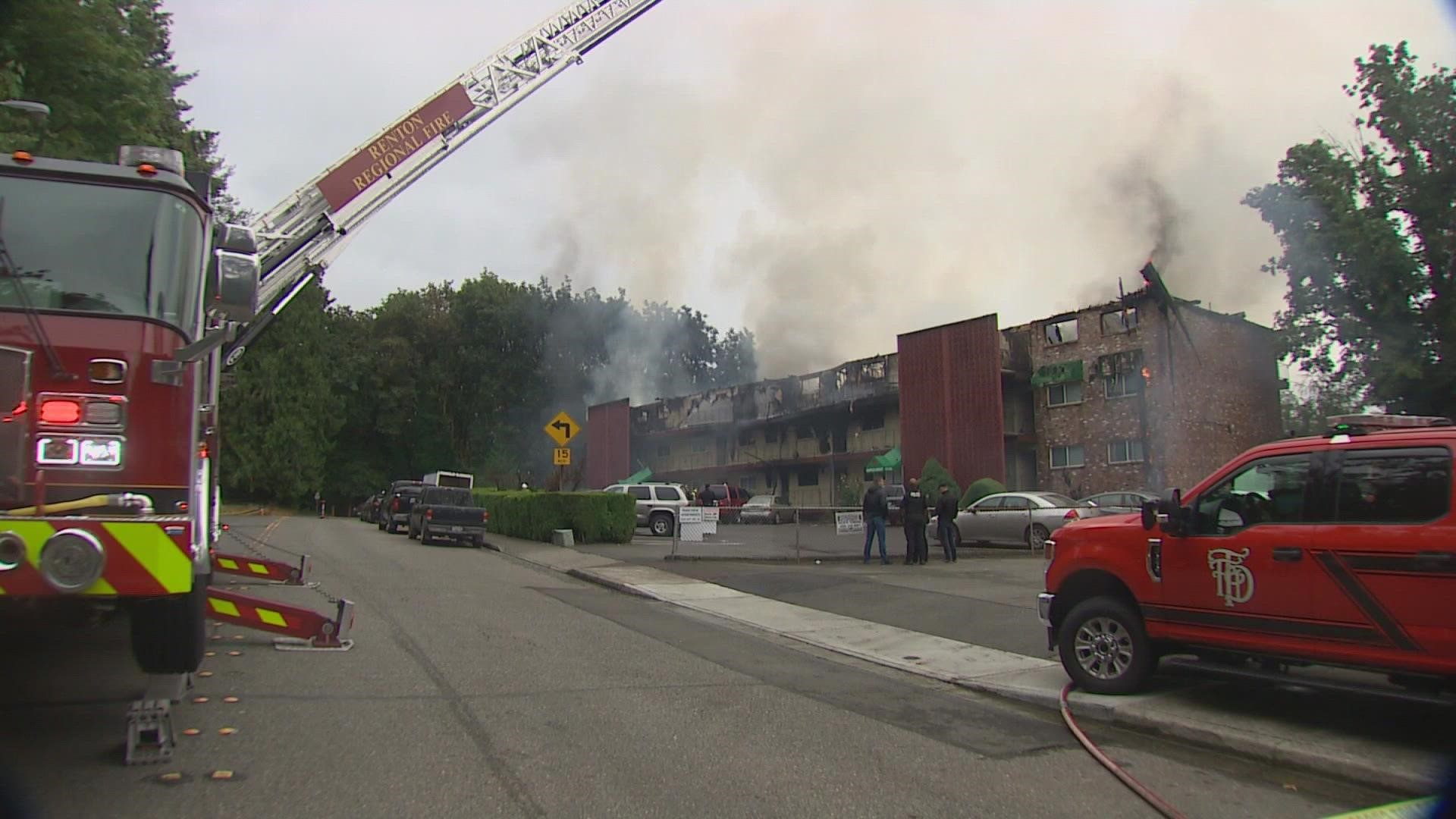 An apartment complex was destroyed in Tukwila after a fire ripped through it Tuesday.