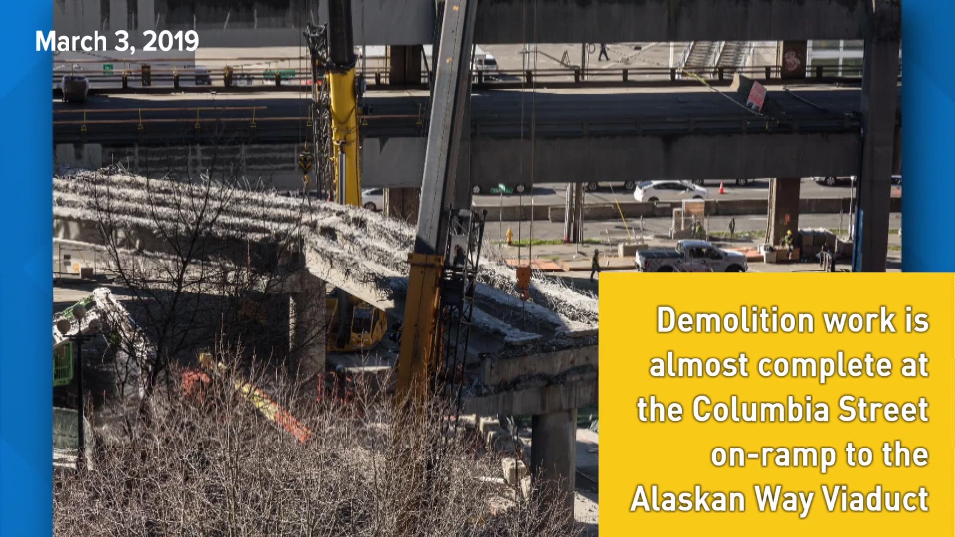 Photos of the Alaskan Way Viaduct demolition work on the Columbia Street on-ramp and the Western Avenue off-ramp on March 3, 2019.