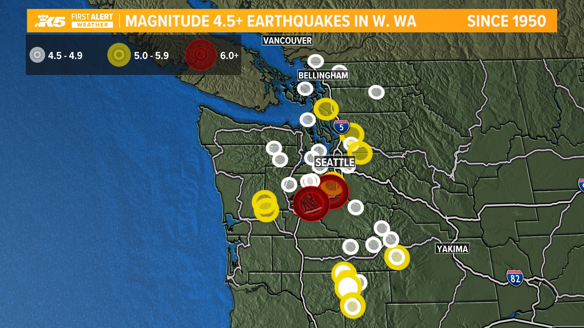 KING 5 Meteorologist Ashley Ruiz breaks down the biggest earthquakes that have hit western Washington. March 3's magnitude 4.5 quake was the biggest since 2019.