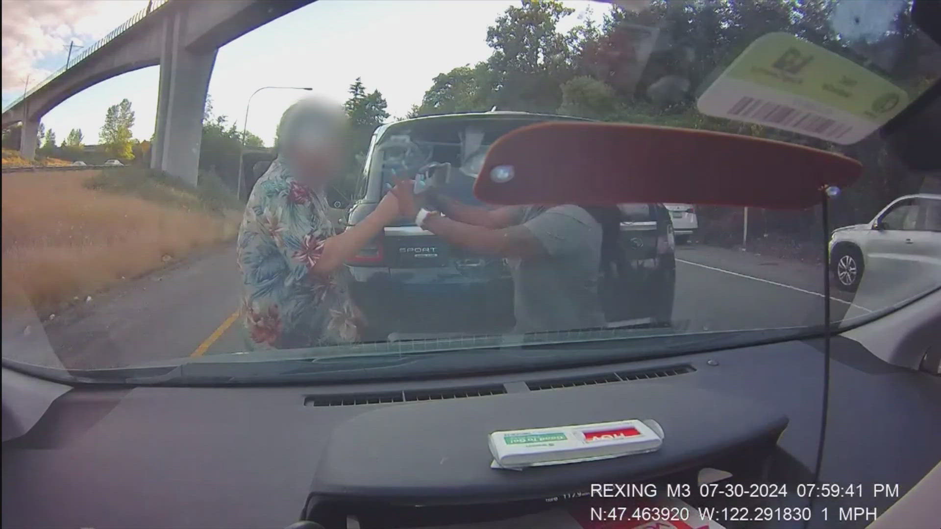 New dashcam video shows the confrontation near SEA Airport in July.