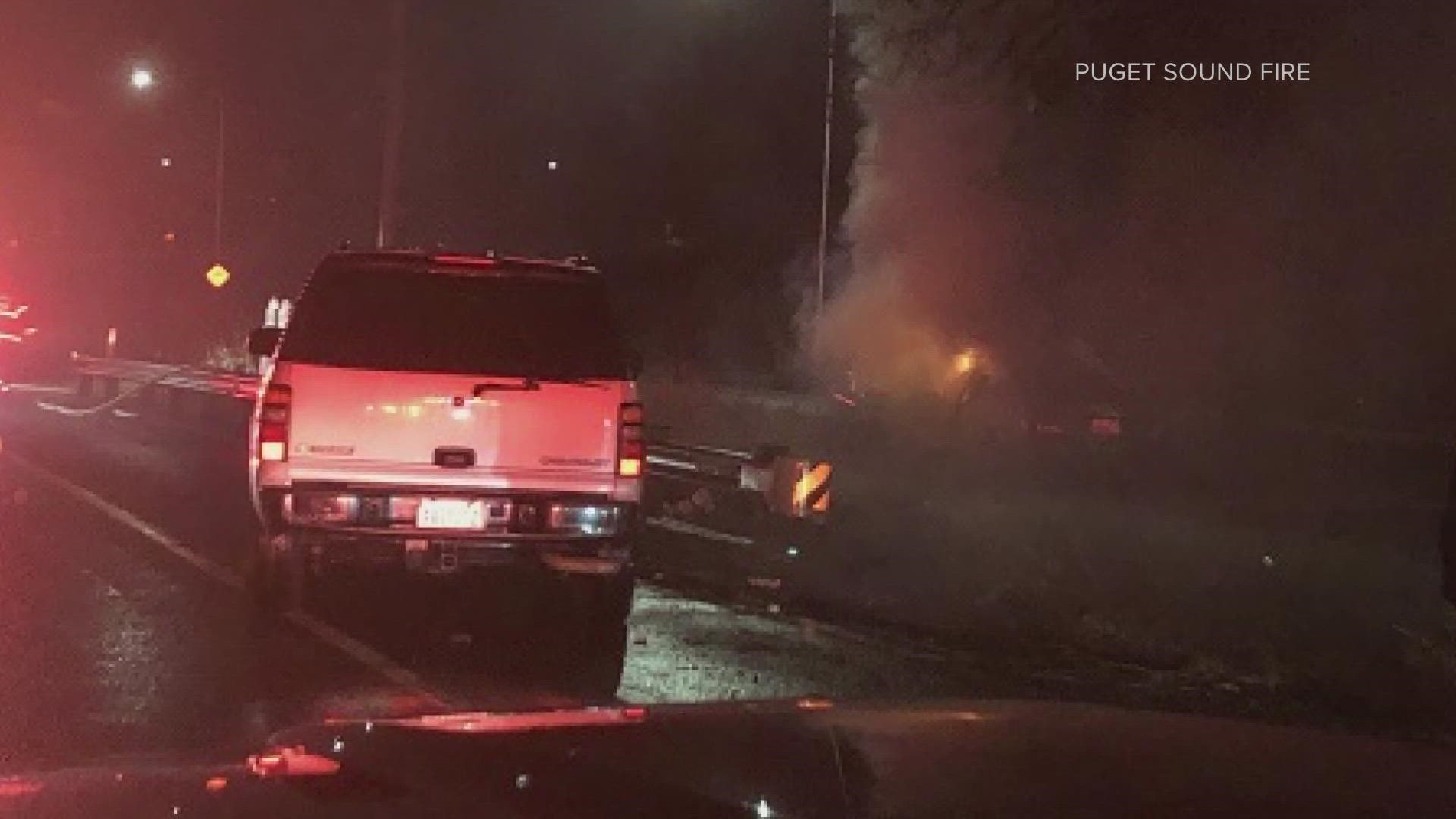 Three people were rushed to the hospital after a fiery crash on Highway 167 in Kent.