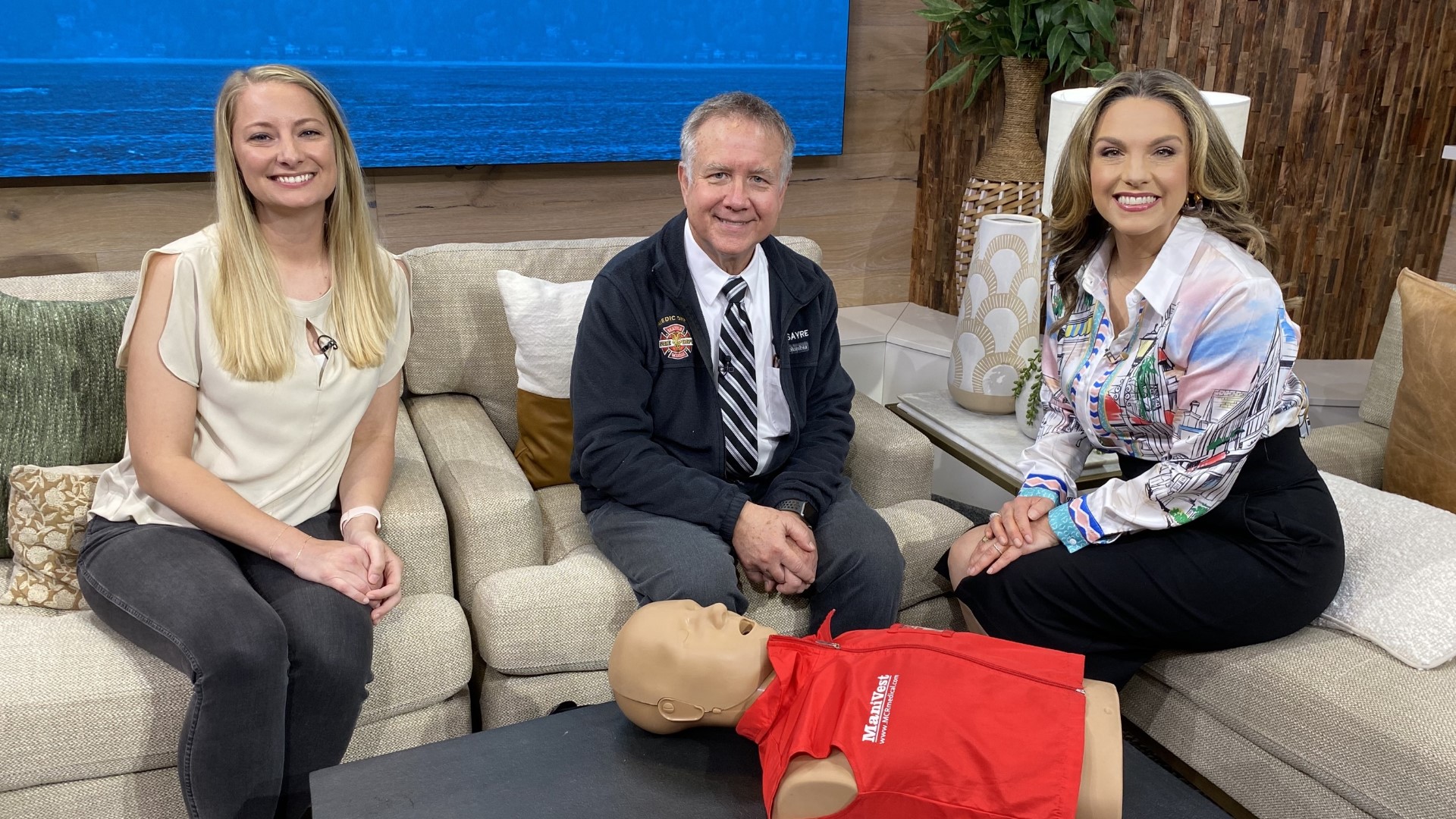 Becca Stout, Seahawks managing director of community engagement, and Dr. Michael Sayre, Seattle Medic One, medical director, talk about CPR certification.