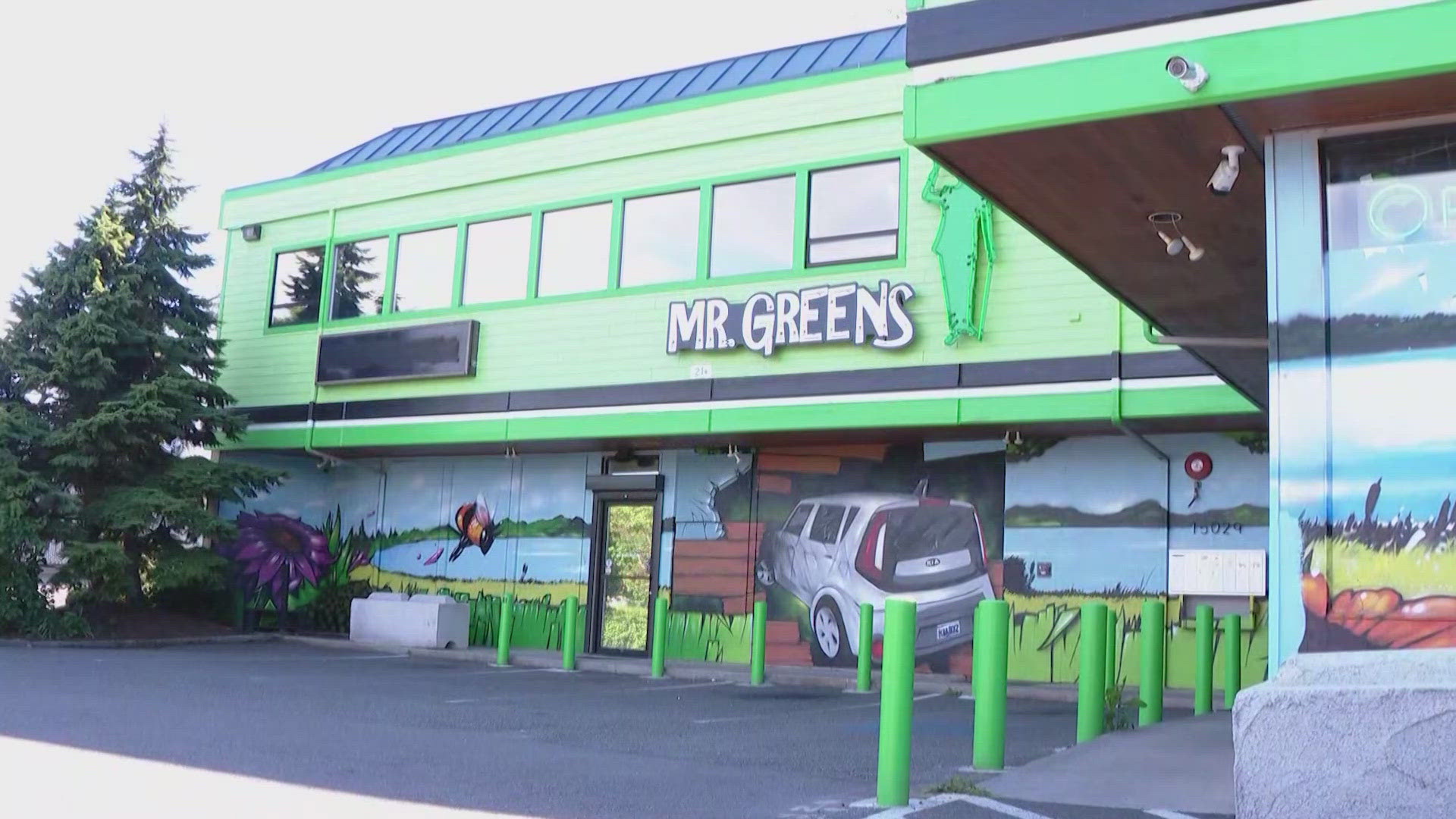 At Mr. Greens in Lake Forest Park, there is now a mural showing a stolen KIA going right through their business.