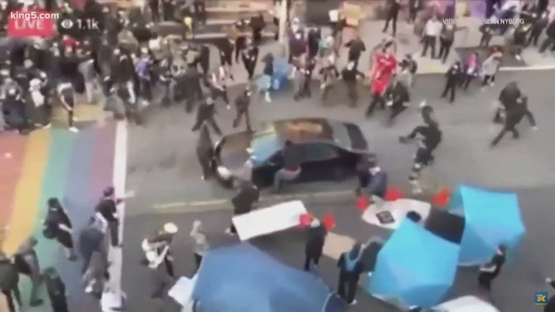 A man suspected of driving a car through a crowd of protesters is in custody.