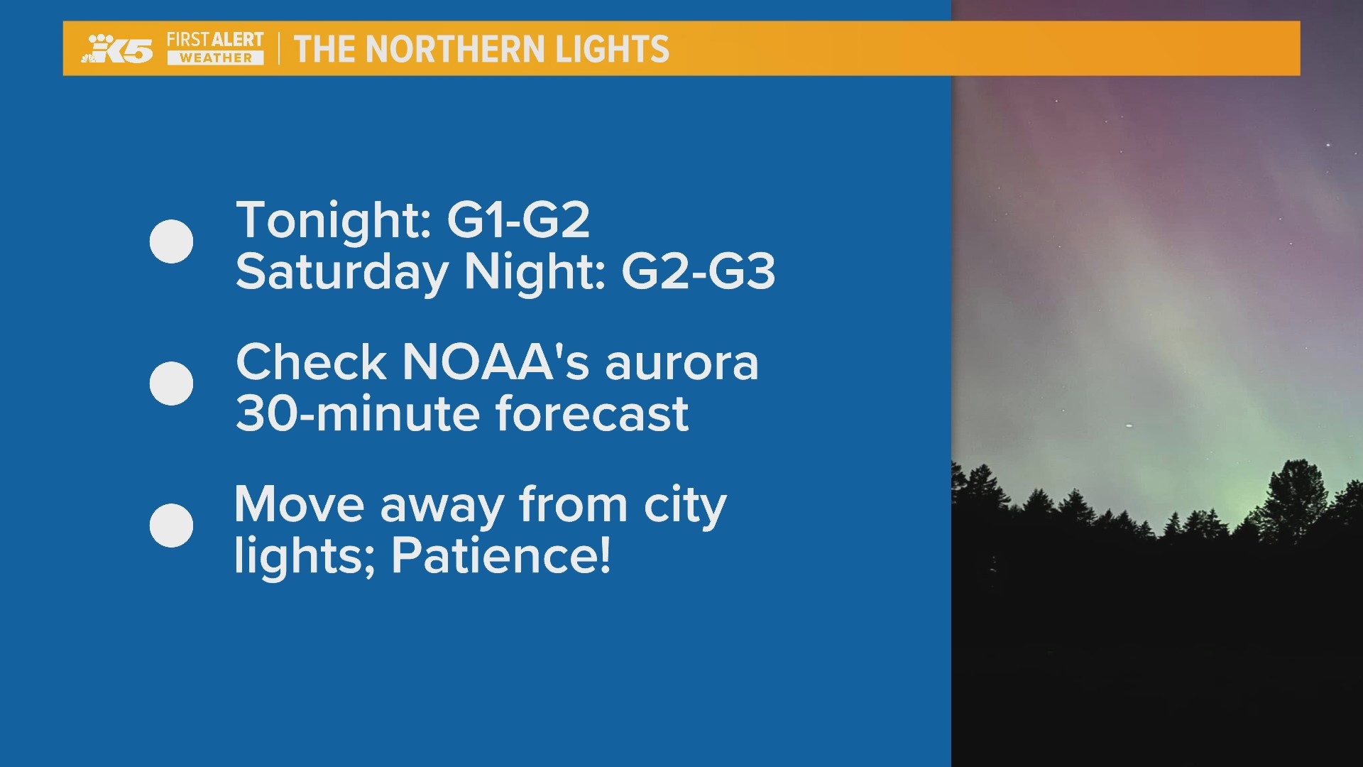 The best chances for seeing the northern lights will be Saturday night away from city light pollution.