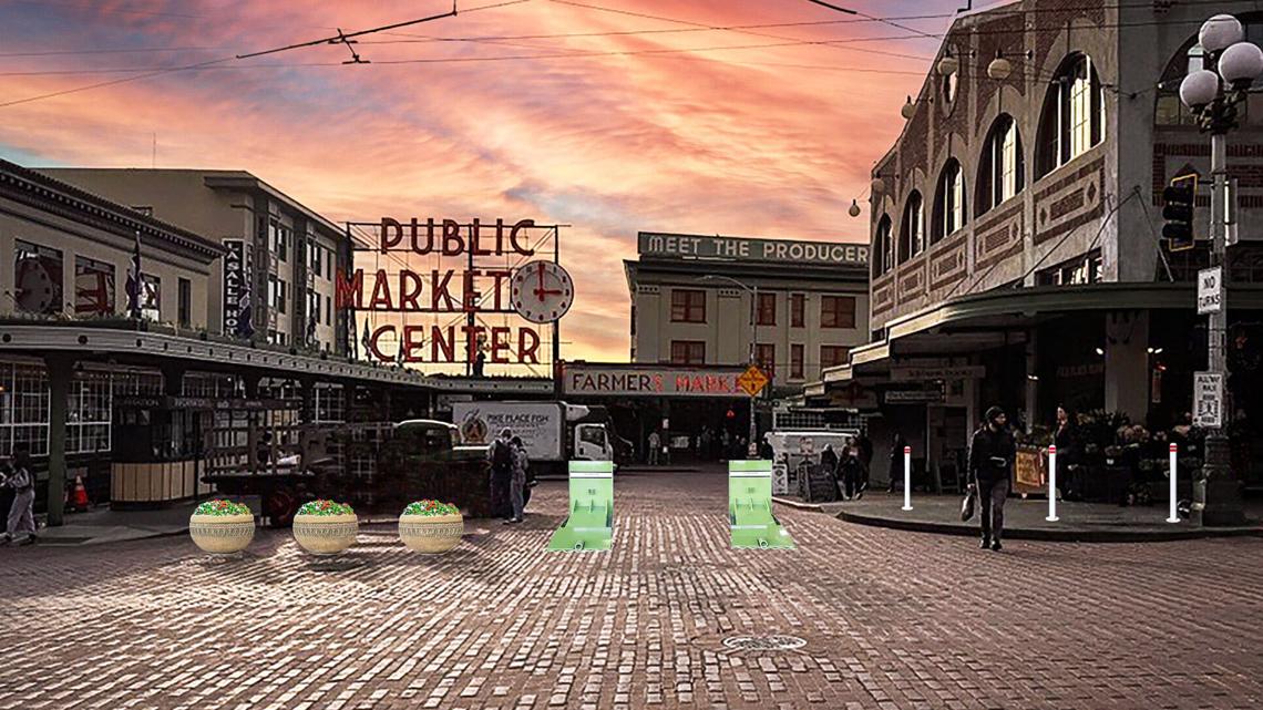 Rendering shows Pike Place Market barrier plan to restrict vehicles ahead of World Cup