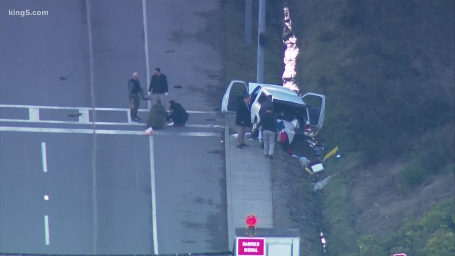 A driver was taken into custody after crashing into a main gate at Naval Base Kitsap-Bangor Friday afternoon. A child in the vehicle was taken to the hospital so she could be evaluated. Footage by SkyKING and Heather Nix.