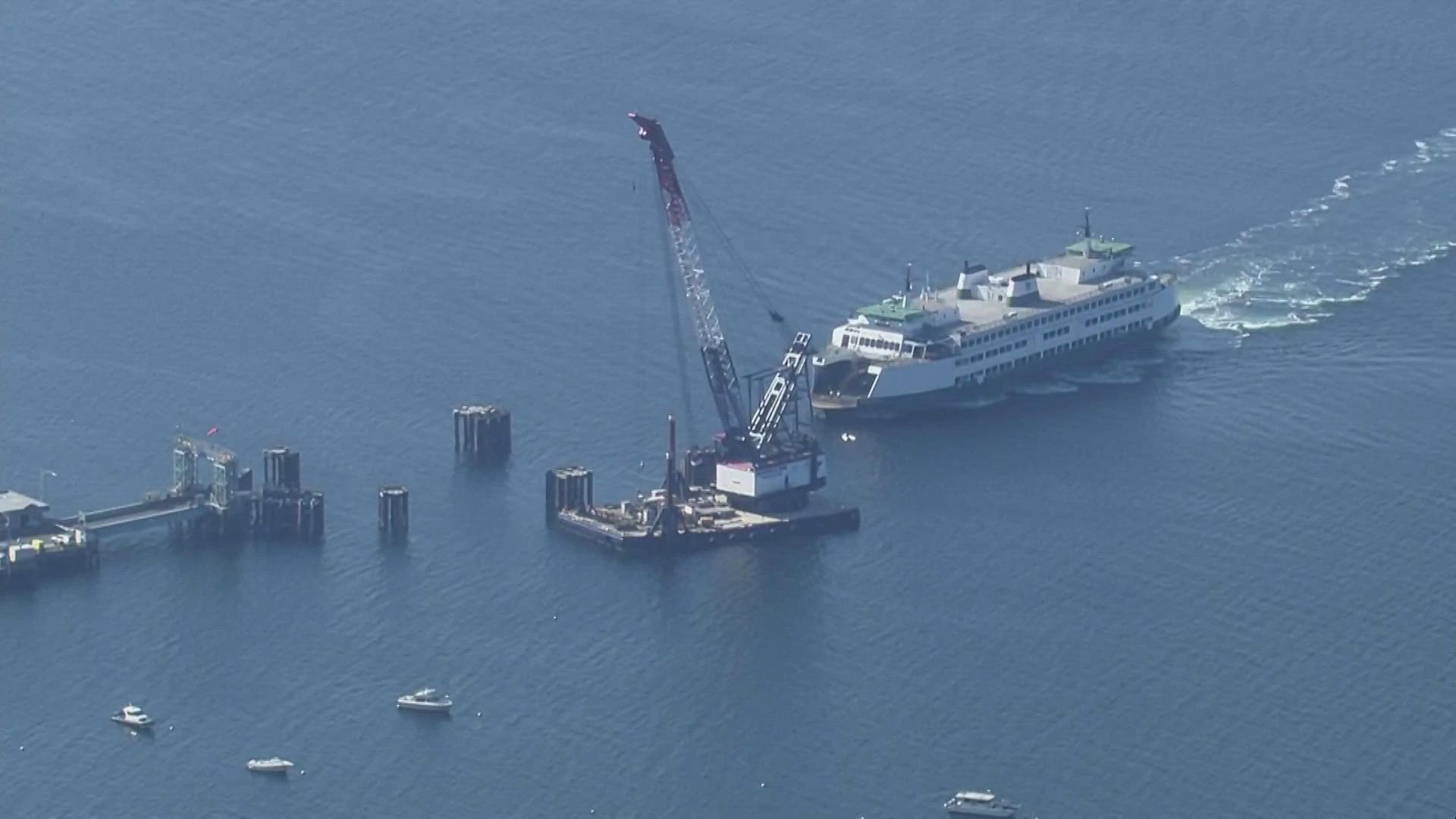 Work begins on the Fauntleroy ferry dock to repair damage sustained in the Cathlamet ferry crash